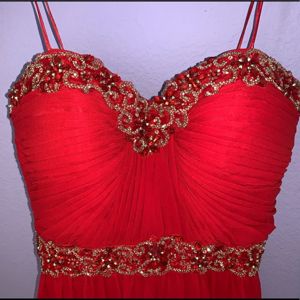 Red long strapless dress